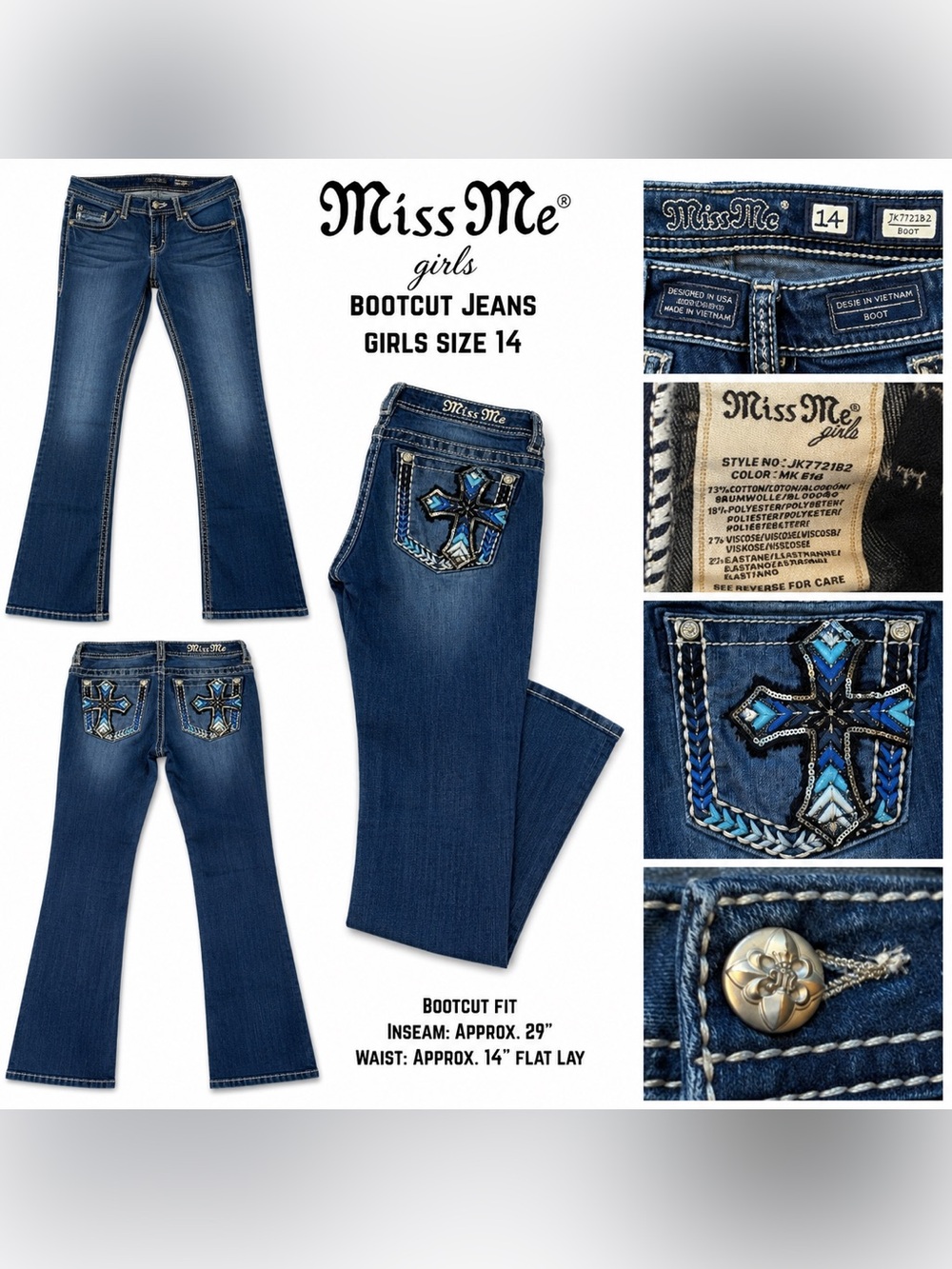 Miss Me Girls Size 14 Bootcut Jeans Blue Embroidered Cross Flap Pocket Western